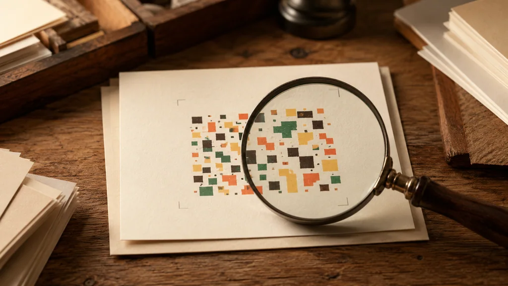 Magnifying glass over a warm mosaic proof card for print sizing