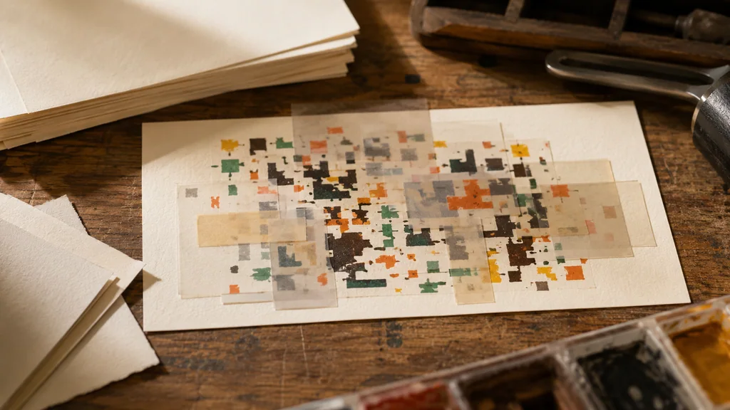 Transparent patches over a decorative mosaic proof card