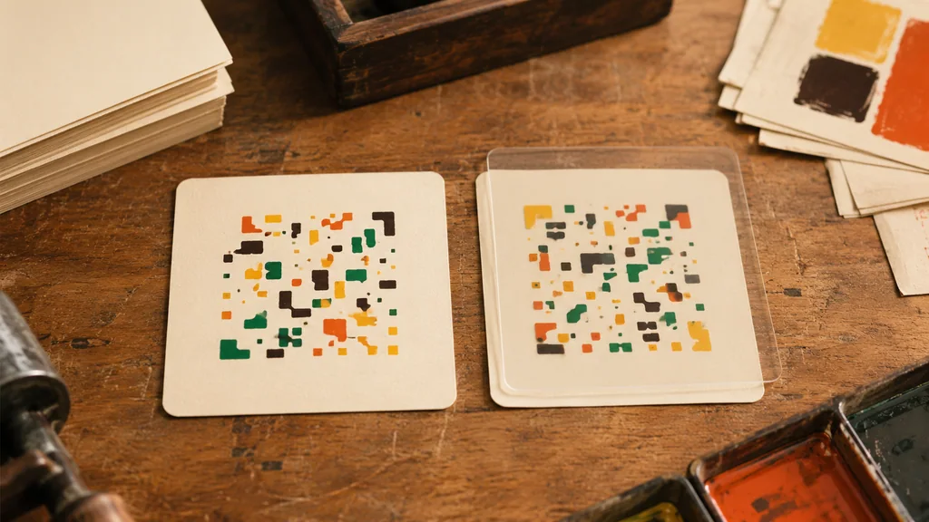 Two unlabeled mosaic proof cards comparing fixed and movable print layers