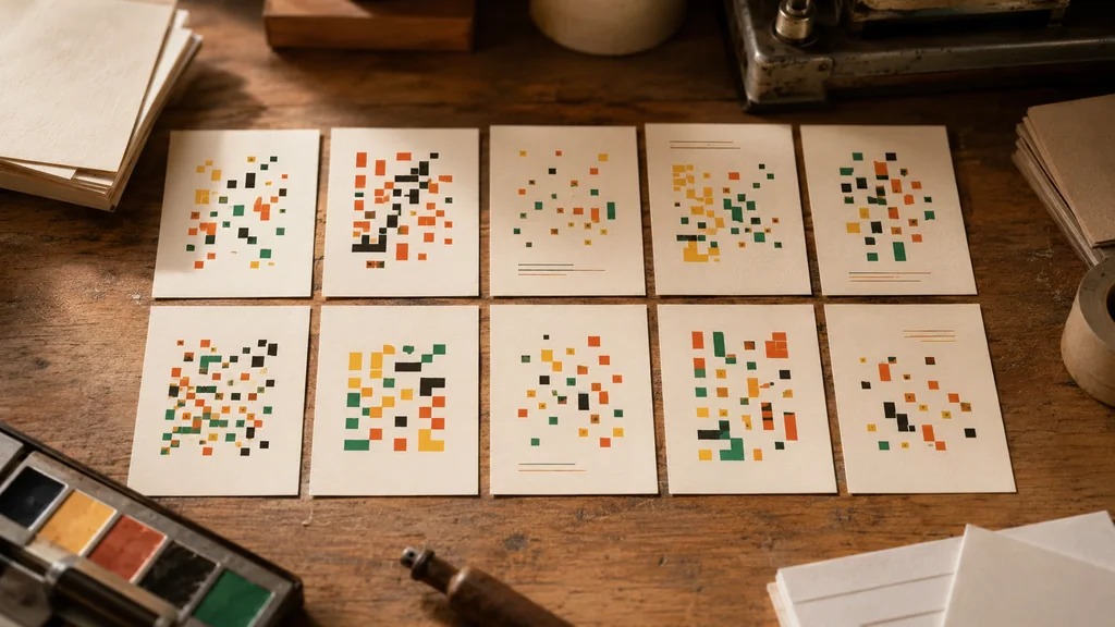 Grid of blank cream QR type cards with warm decorative mosaic marks