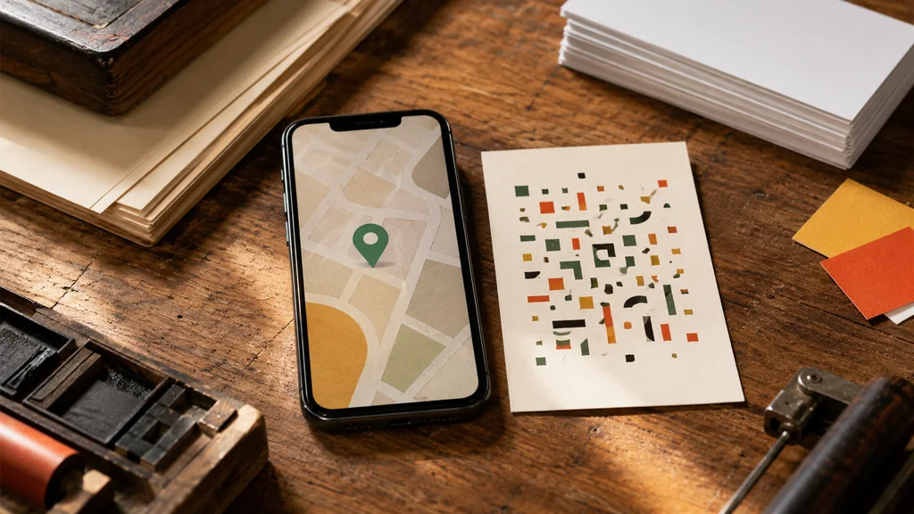 Phone map blocks and location card with abstract mosaic print marks
