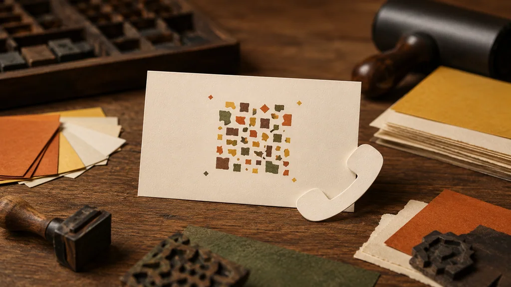 Blank phone-contact card with warm mosaic marks and a handset cutout