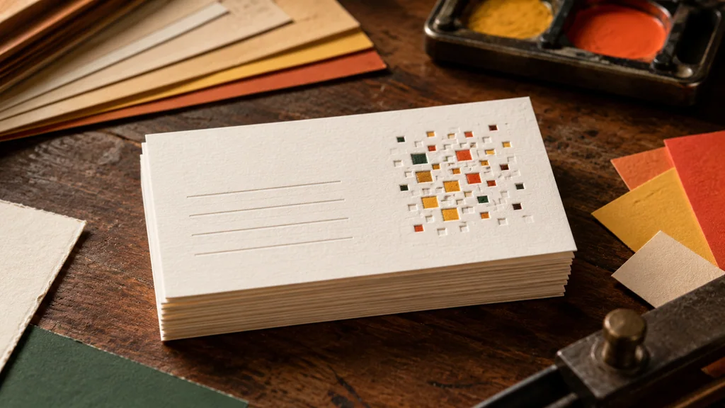 Cream vCard stack with empty lines and a warm mosaic corner